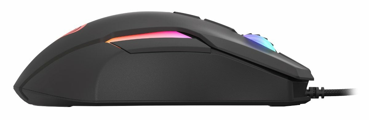 Czarna mysz gamingowa z oświetleniem RGB, widok z boku, białe tło.
