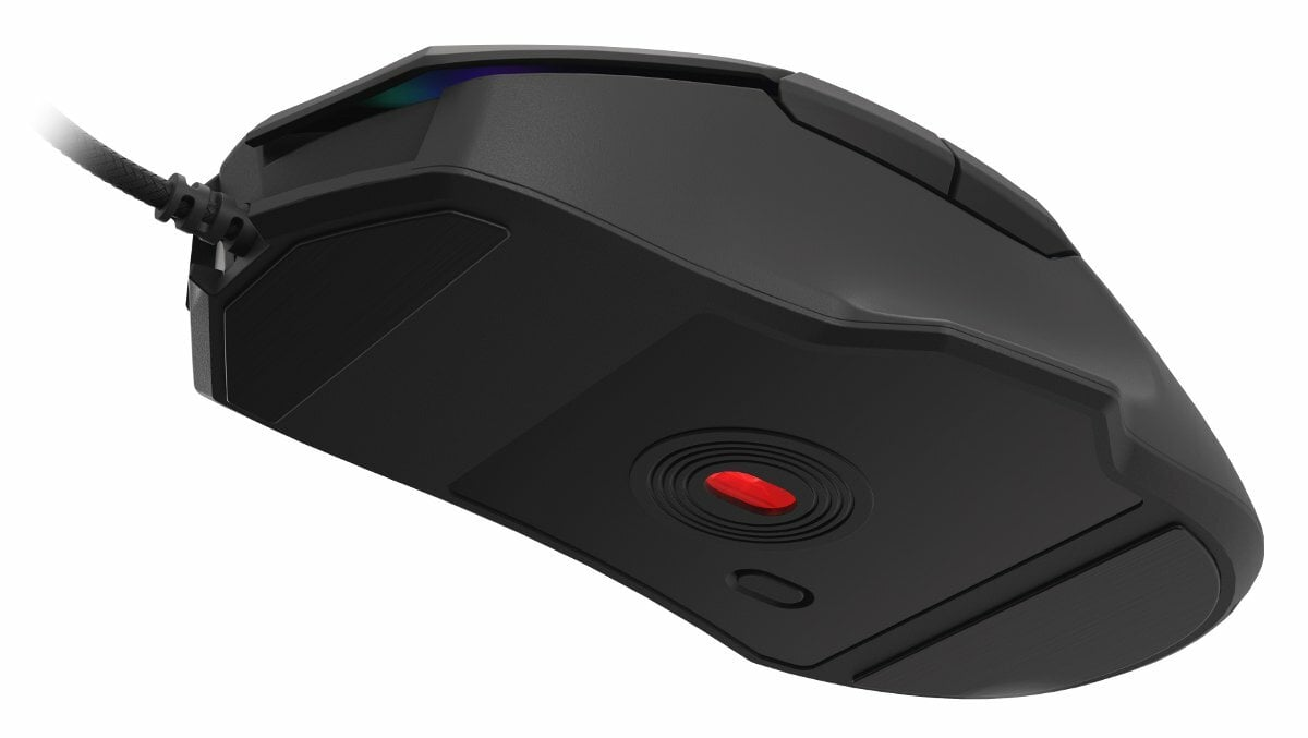 Czarna mysz gamingowa z czerwonym przyciskiem i kablem.