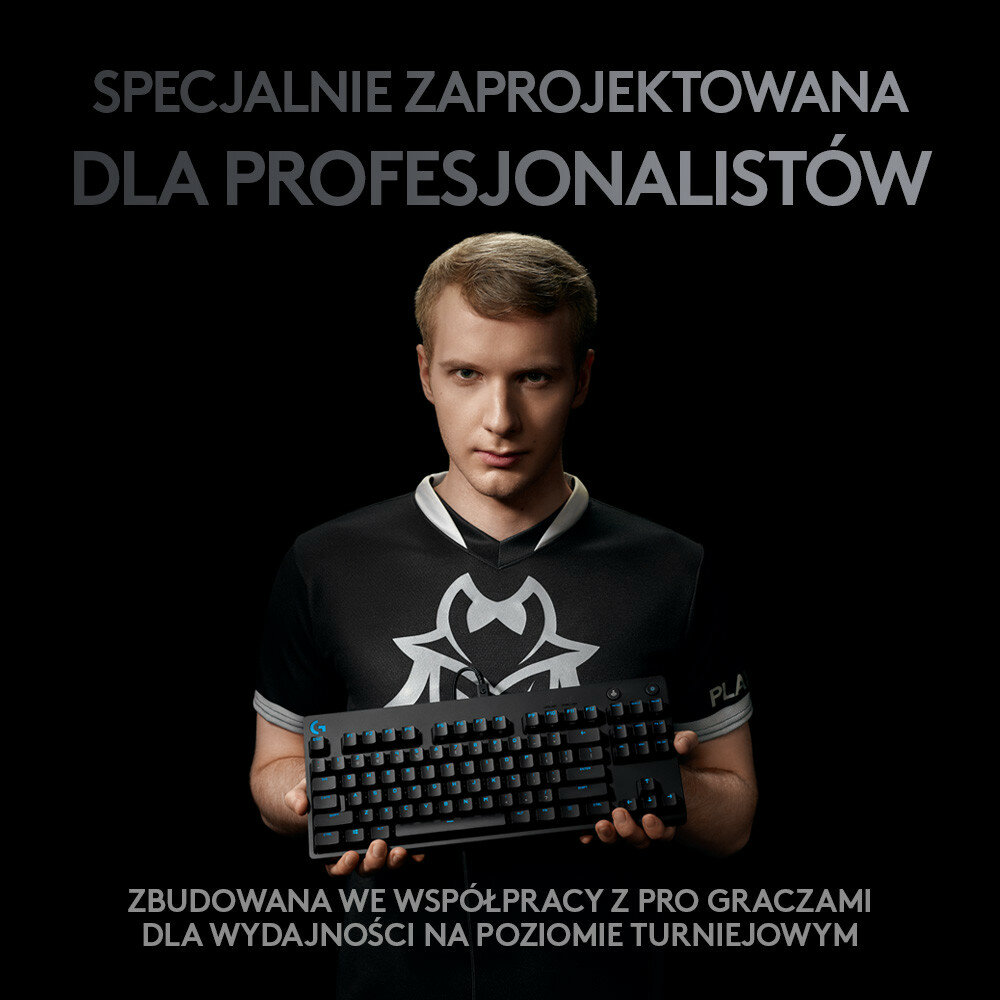 Mężczyzna trzymający klawiaturę. Tekst: "SPECJALNIE ZAPROJEKTOWANA DLA PROFESJONALISTÓW".