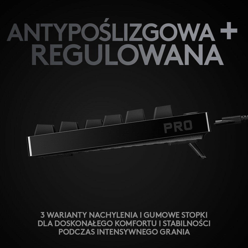 Czarna klawiatura z etykietą PRO. Tekst wskazuje regulowane pochylenie i gumowe nóżki.