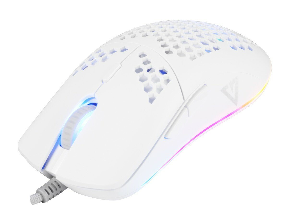 Biała mysz do gier z konstrukcją plastra miodu, oświetleniem RGB i kablem bocznym, izolowana.