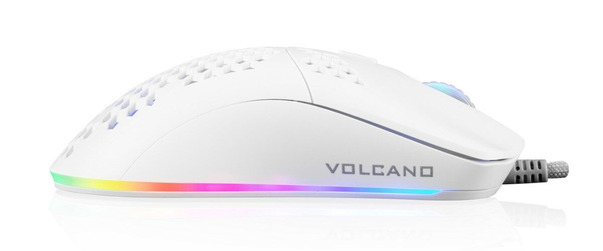 Biała mysz do gier z wzorem plastra miodu i podświetleniem RGB na krawędziach i kółku.