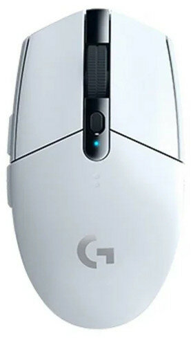 Biała mysz do gier z czarnym kółkiem przewijania i przyciskami. Z logo.