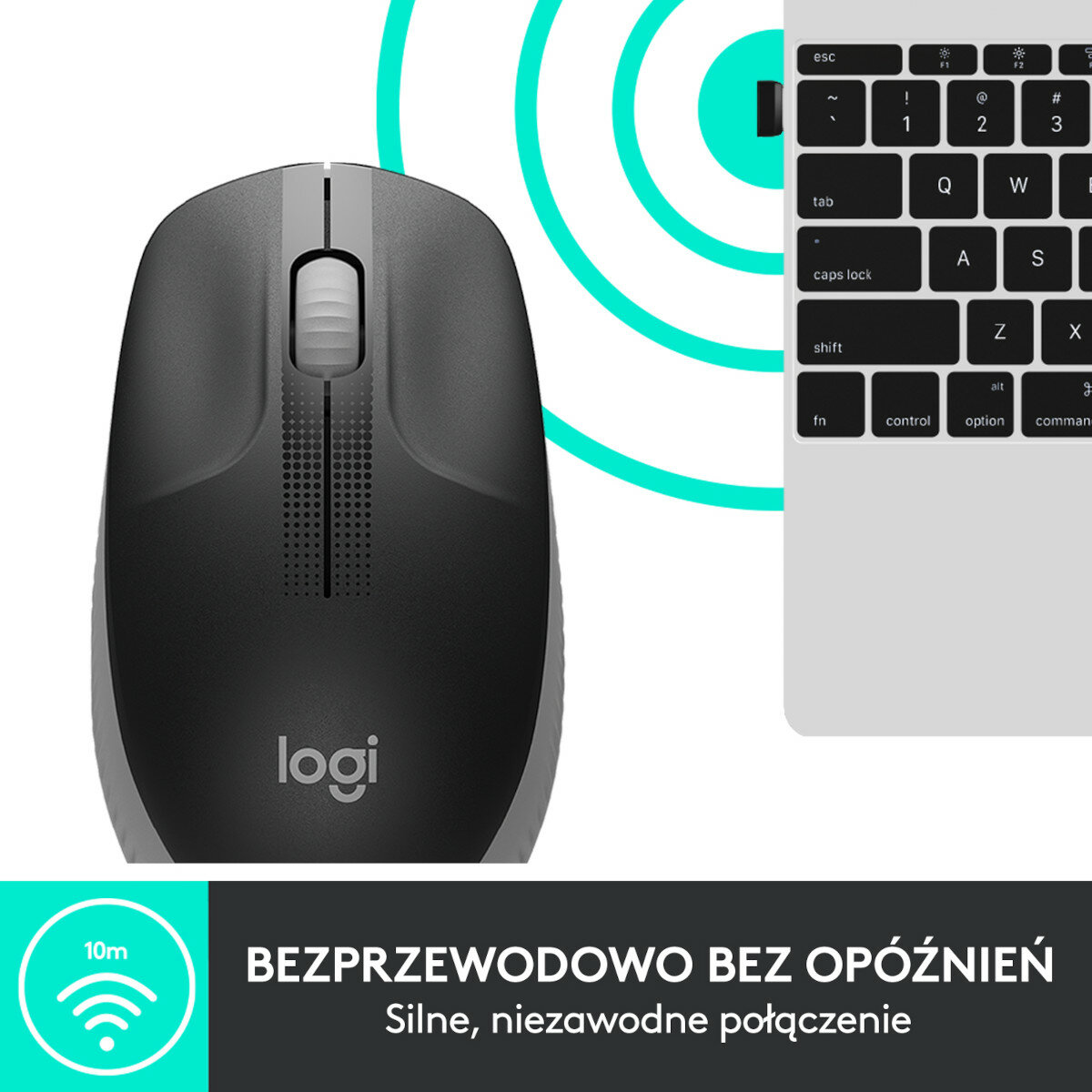 Czarna i szara mysz Logitech, z kółkiem przewijania, obok klawiatury. Tekst: Bezprzewodowa, niezawodna.