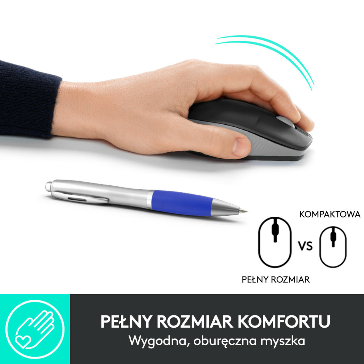 Dłoń trzymająca mysz i długopis obok diagramu porównującego rozmiary myszy.