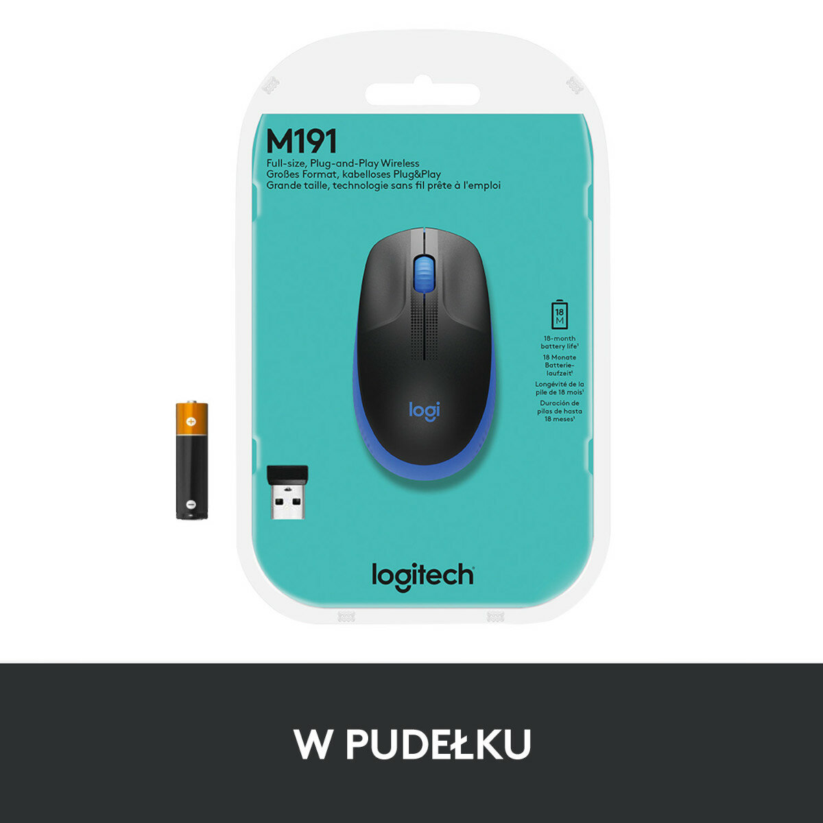 Bezprzewodowa mysz Logitech M191 w opakowaniu.