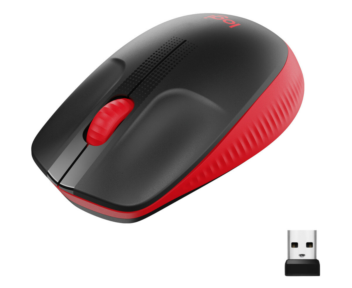 Czarna i czerwona mysz bezprzewodowa z odbiornikiem USB obok.