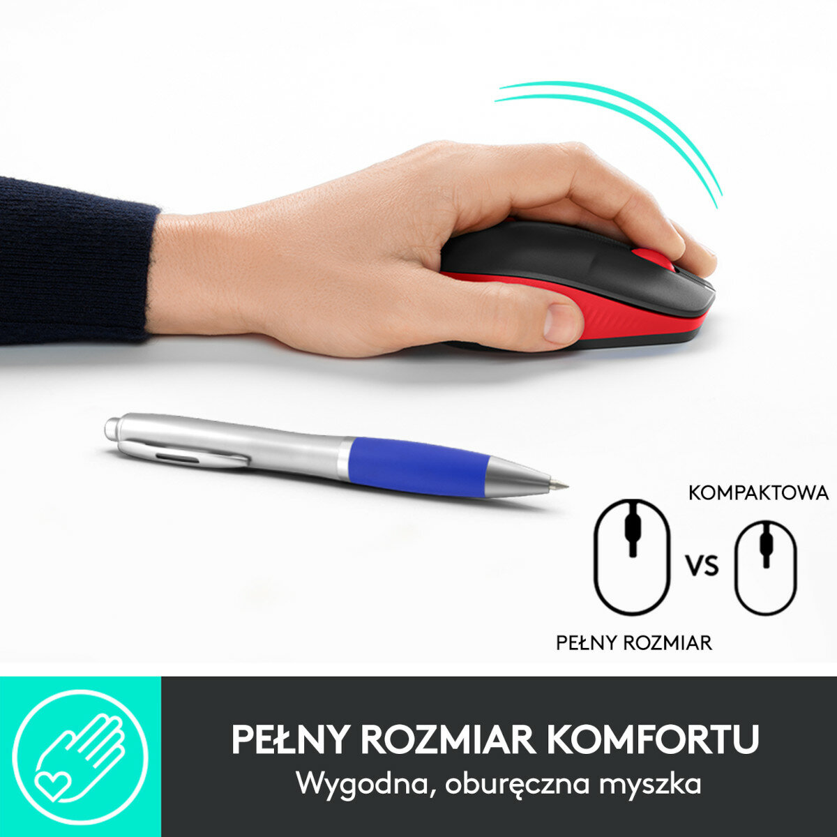 Dłoń trzymająca czerwoną i czarną mysz. Długopis i porównanie rozmiarów. Tekst: 'Pełny rozmiar komfortu'.