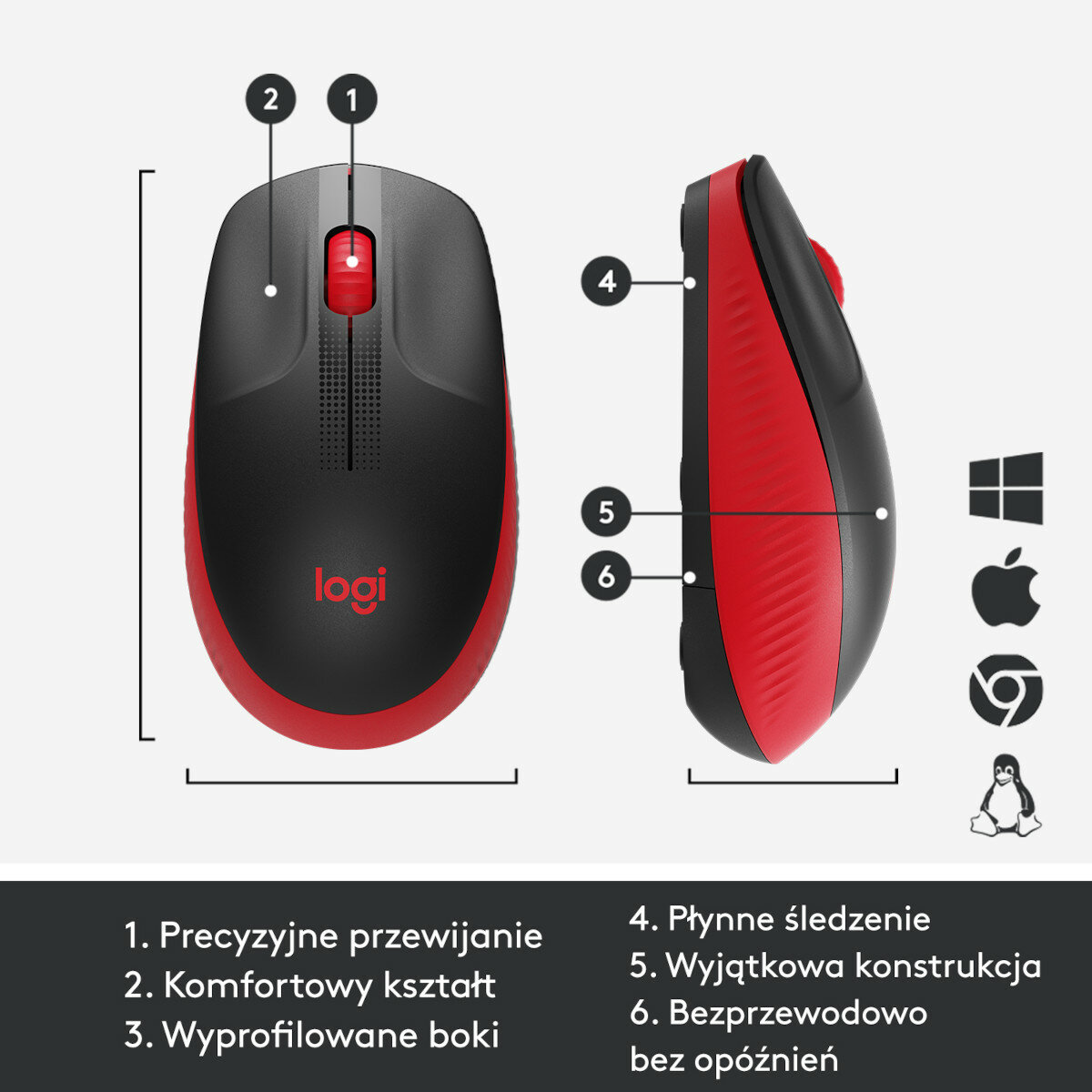 Mysz komputerowa z przyciskami, kółkiem przewijania i logo marki. Mysz ma czerwono-czarny design.