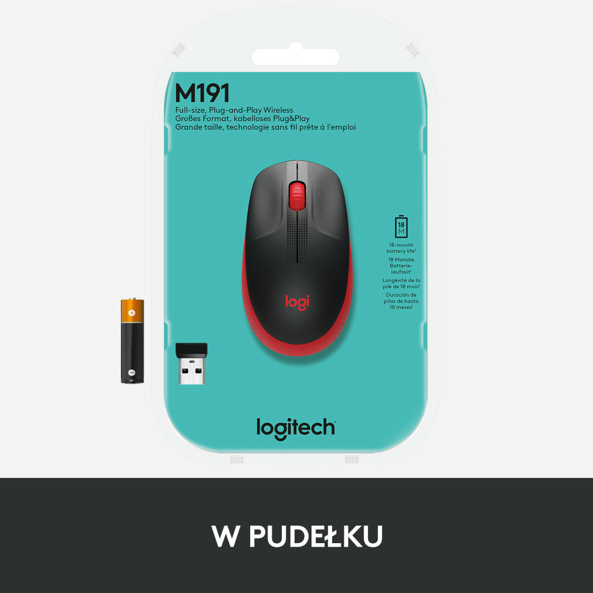 Czarna i czerwona mysz bezprzewodowa w opakowaniu. Pokazano również baterię i odbiornik USB.