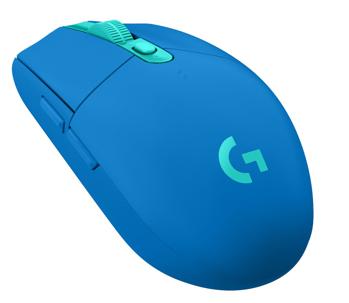 Niebieska bezprzewodowa mysz Logitech z jasnoniebieskim kółkiem przewijania. Widoczne logo Logitech 'G'.