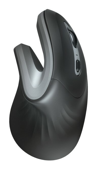 Czarna i szara mysz ergonomiczna. Pionowa konstrukcja. Kółko przewijania na górze.