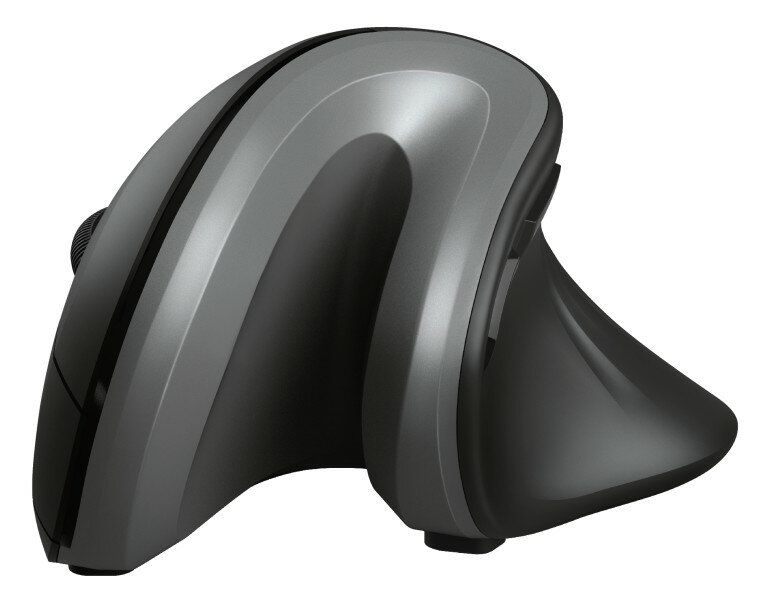 Czarna i szara ergonomiczna mysz o unikalnym, zakrzywionym designie.