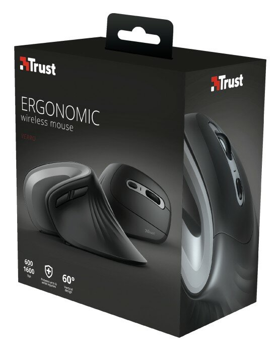 Pudełko ze zdjęciami czarnej ergonomicznej myszy bezprzewodowej. Tekst zawiera 'Ergonomic' i logo Trust.