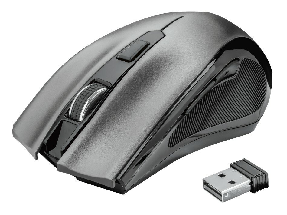 Szara mysz komputerowa z odbiornikiem USB. Mysz ma przyciski i kółko przewijania.