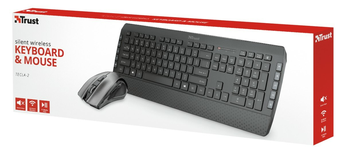 Czarna klawiatura i mysz na pudełku. Na pudełku napis: 'silent wireless KEYBOARD & MOUSE'.