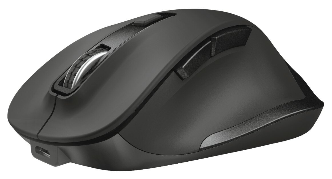 Czarna ergonomiczna mysz z kółkiem i przyciskami bocznymi. Port USB widoczny na dole.