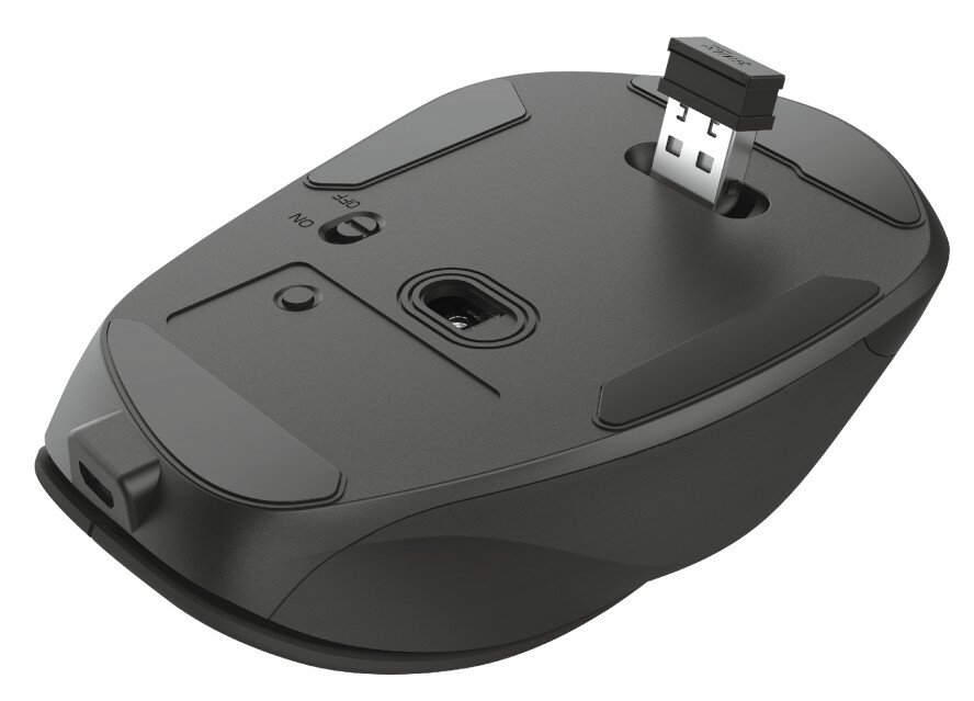 Spód czarnej myszy bezprzewodowej. Odbiornik USB jest włożony. Widoczny przełącznik włącz/wyłącz.