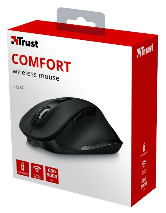 Czarna mysz bezprzewodowa w pudełku. Napis 'Comfort' i 'Wireless mouse'.