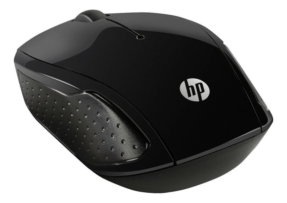 Czarna mysz komputerowa ze srebrnym logo HP na białym tle.