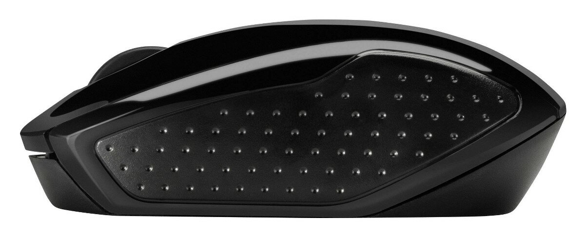 Czarna mysz bezprzewodowa. Teksturowany gumowy uchwyt z boku. Gładka, błyszcząca góra.