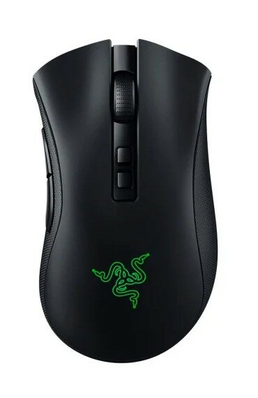 Czarna mysz do gier Razer z zielonym logo Razer, przyciskami i kółkiem przewijania.