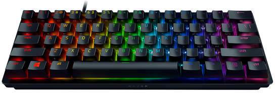 Czarna klawiatura z tęczowymi klawiszami. Widoczny układ i logo Razer.