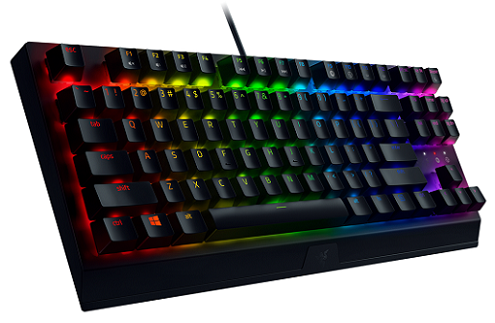 Czarna klawiatura mechaniczna z tęczowym podświetleniem klawiszy i logo Razer.