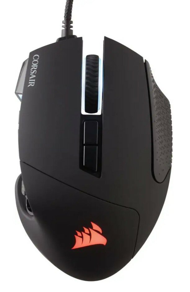 Czarna mysz gamingowa Corsair, widok z góry, przyciski, rolka i logo.