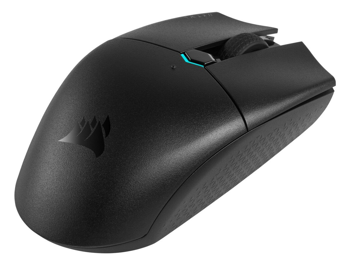 Czarna mysz gamingowa z logo i niebieskim światłem.
