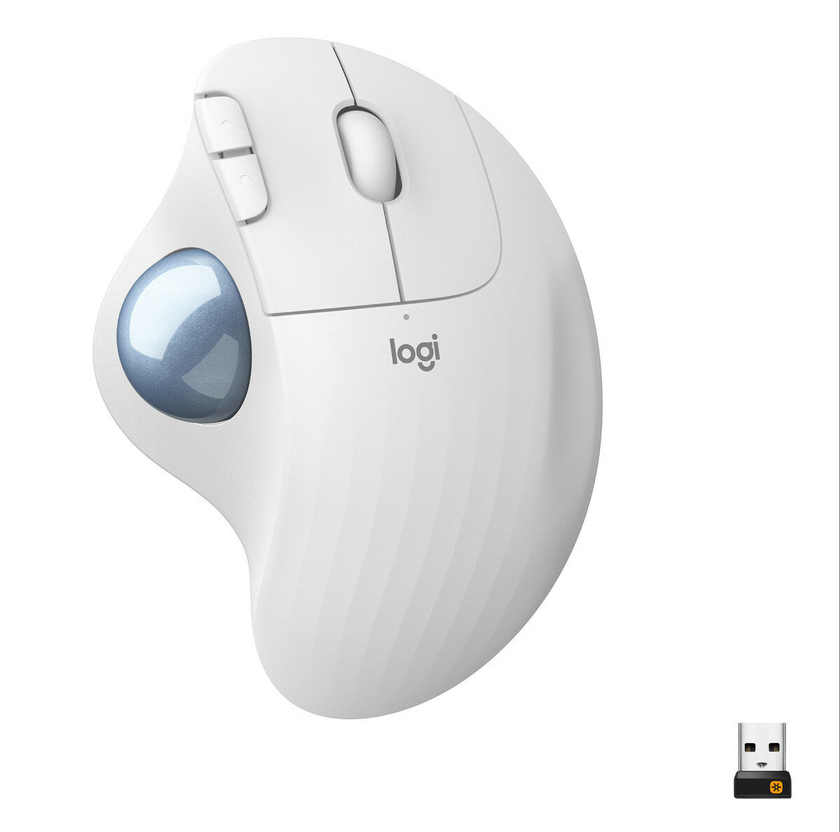 Biała mysz Logitech z niebieską kulką i bezprzewodowym odbiornikiem USB.