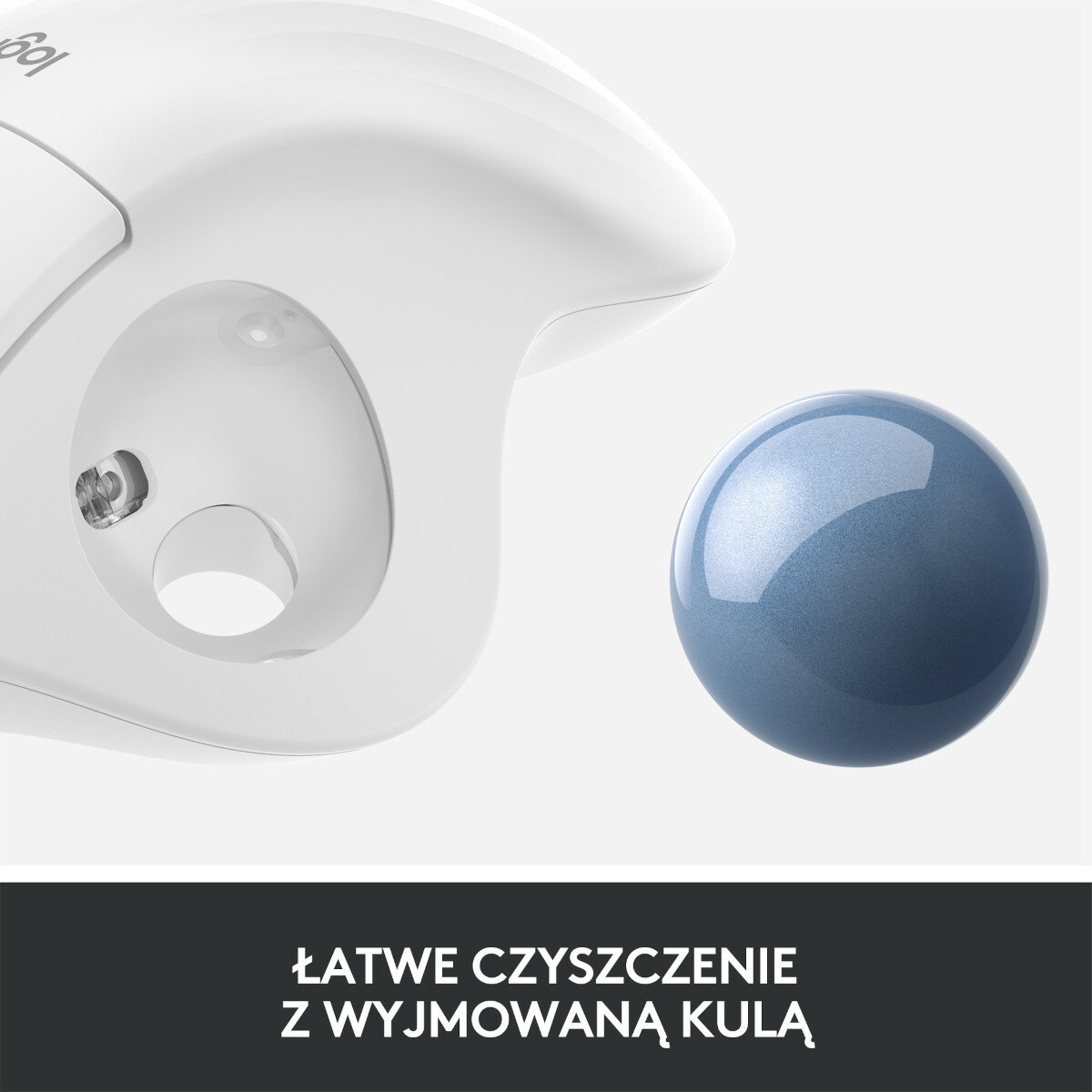 Zbliżenie białego urządzenia z niebieską kulą, tekst: 'ŁATWE CZYSZCZENIE Z WYJMOWANĄ KULĄ'.