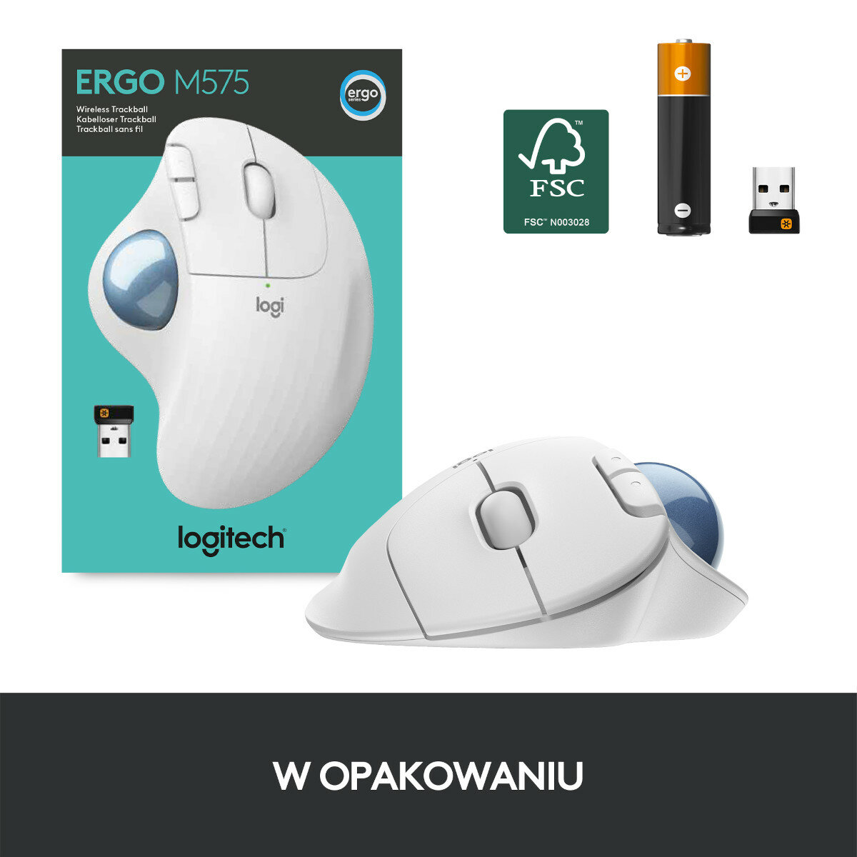 Biała mysz Logitech ERGO M575, pudełko, bateria i odbiornik USB. Mysz ma niebieski trackball.