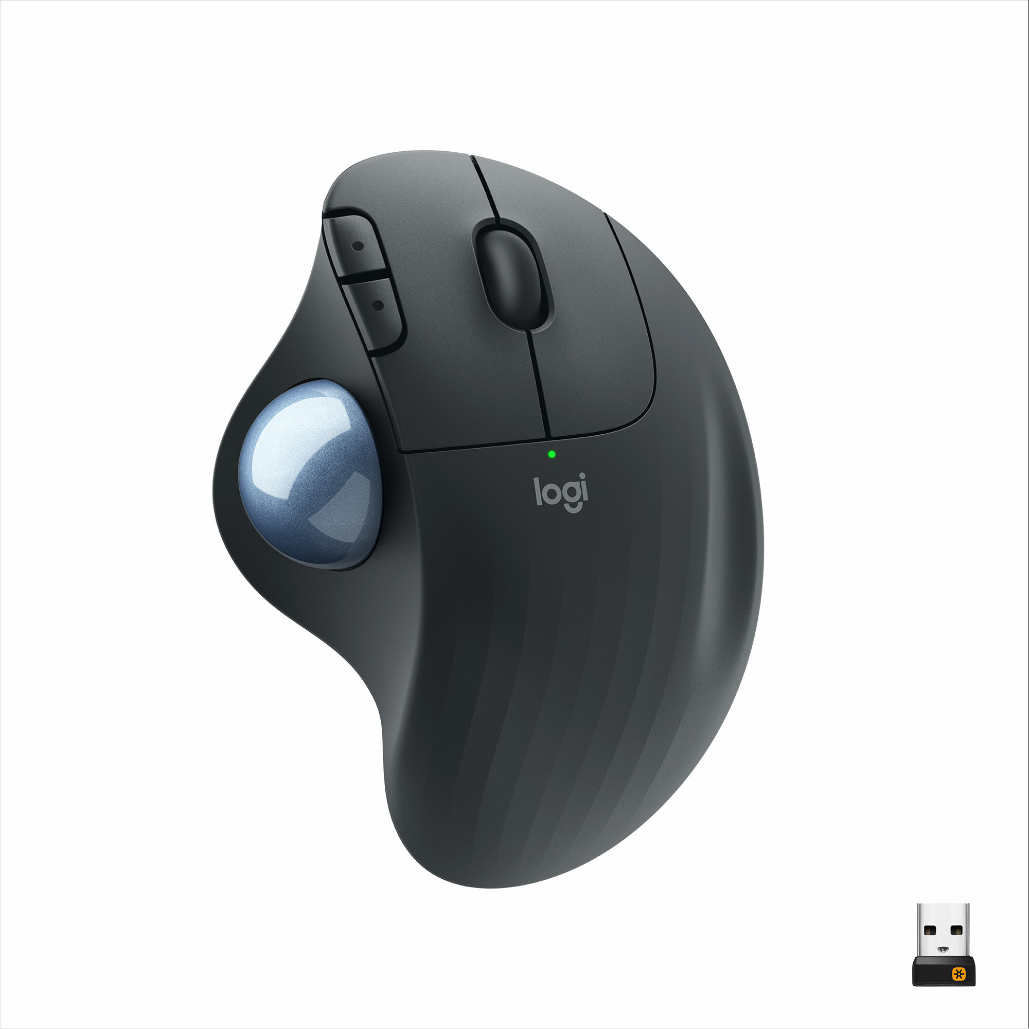 Ciemnoszara ergonomiczna mysz z trackballem. Ma przyciski i logo.