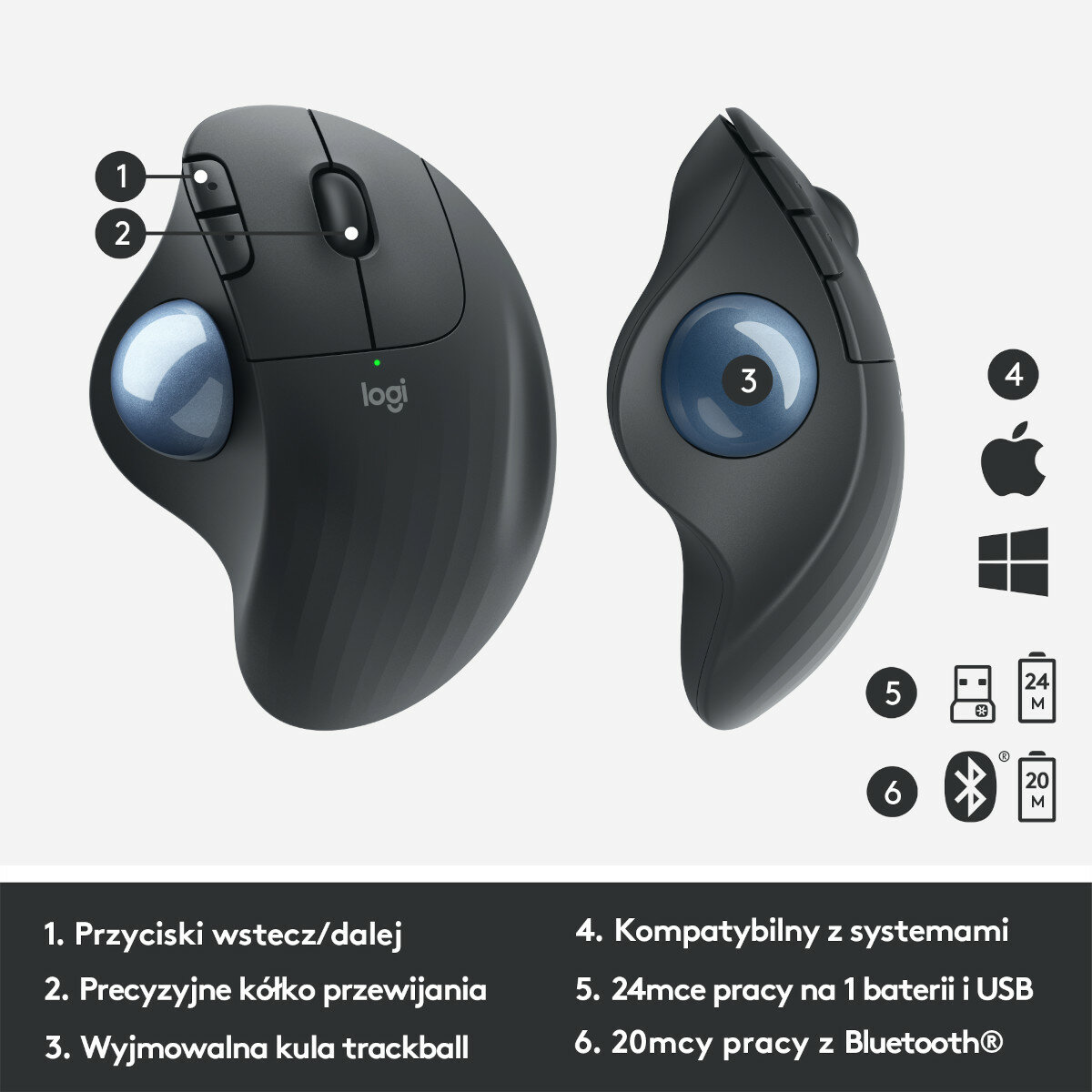 Czarna i niebieska mysz trackball z przyciskami i kółkiem przewijania.