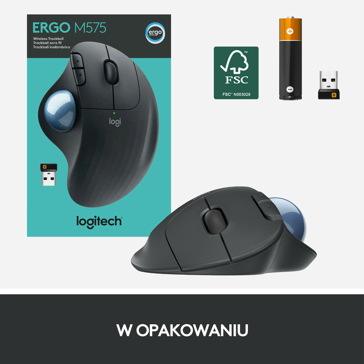 Mysz trackball Logitech Ergo M575 z opakowaniem, baterią i odbiornikiem USB.