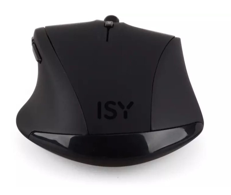 Czarna ergonomiczna mysz komputerowa. Posiada logo ISY na górnej powierzchni, białe tło.