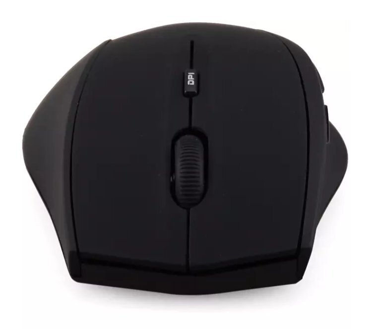 Czarna mysz komputerowa, widok z góry z przyciskiem DPI i kółkiem przewijania.