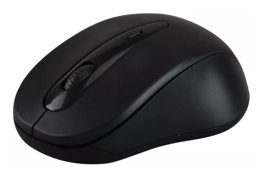 Czarna mysz bezprzewodowa, widok pod kątem. Ma dwa przyciski, kółko przewijania i błyszczącą górę.
