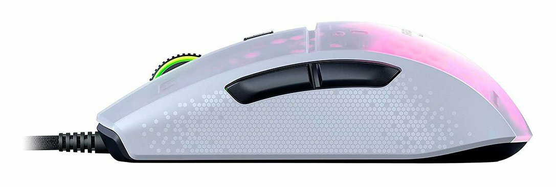 Biała mysz do gier z bocznymi przyciskami i kablem.