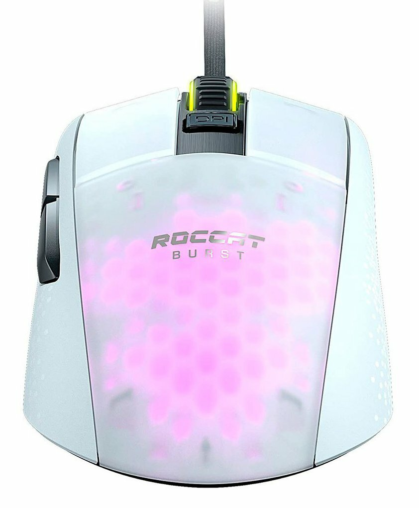 Biała mysz do gier ze świecącym różowym światłem. Mysz ma unikalny design z kablem.