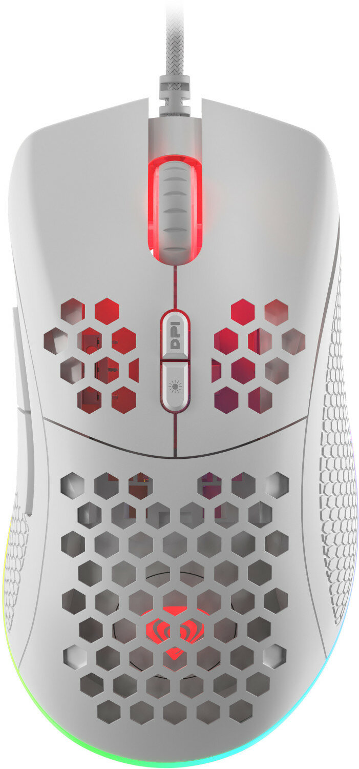Biała mysz gamingowa z wzorem plastra miodu. Czerwone/białe/zielone światła.
