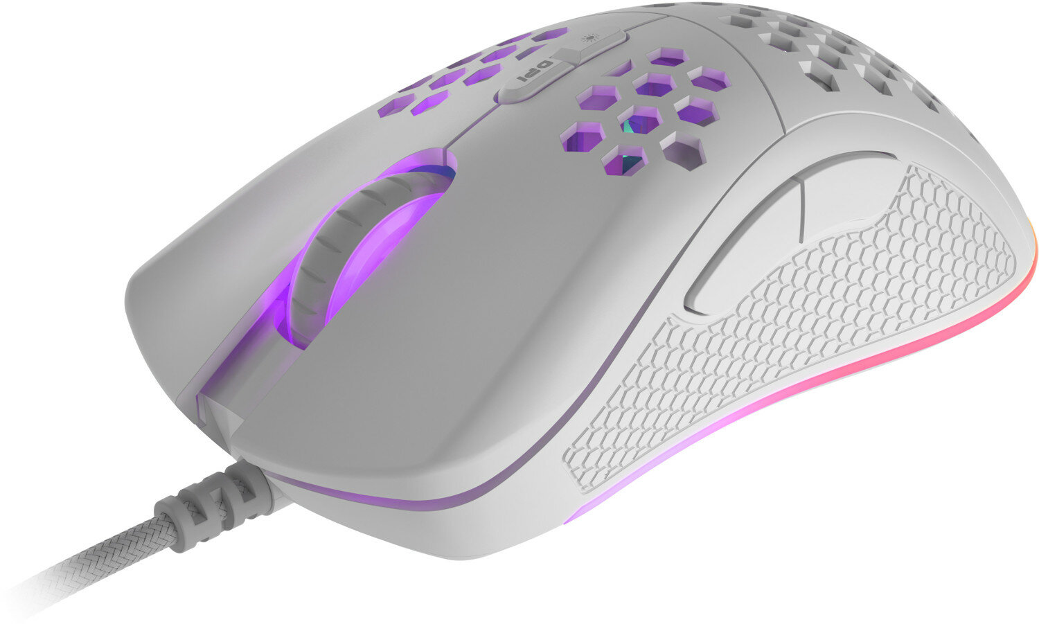 Biała mysz do gier z podświetleniem RGB, wzorem plastra miodu i kablem, na białym tle.