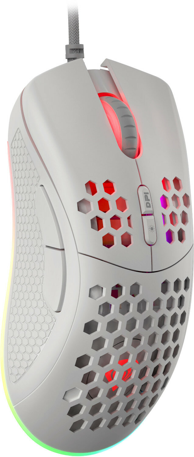 Biała mysz gamingowa o strukturze plastra miodu. Światła RGB oświetlają mysz.