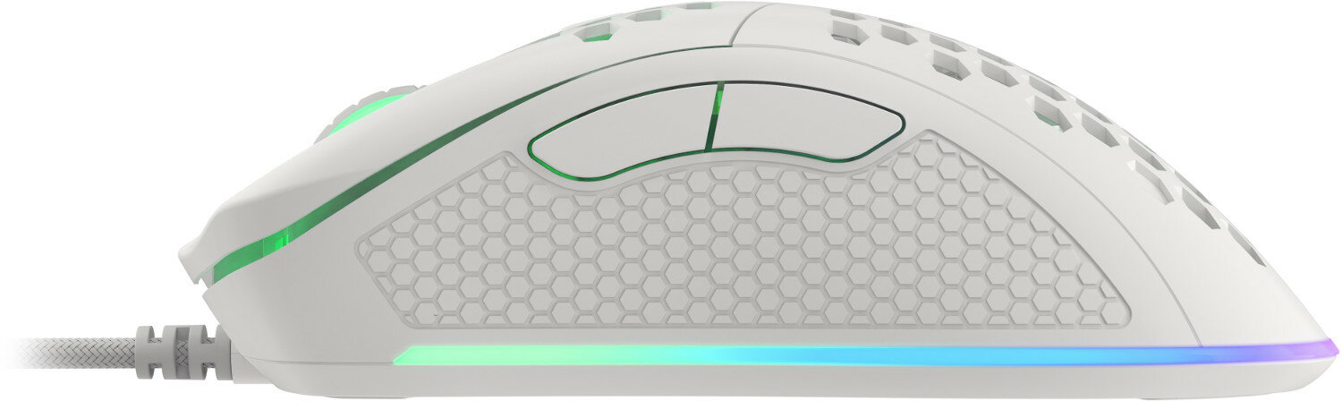 Biała mysz do gier z wzorem plastra miodu i kolorowymi światłami po bokach i na dole.