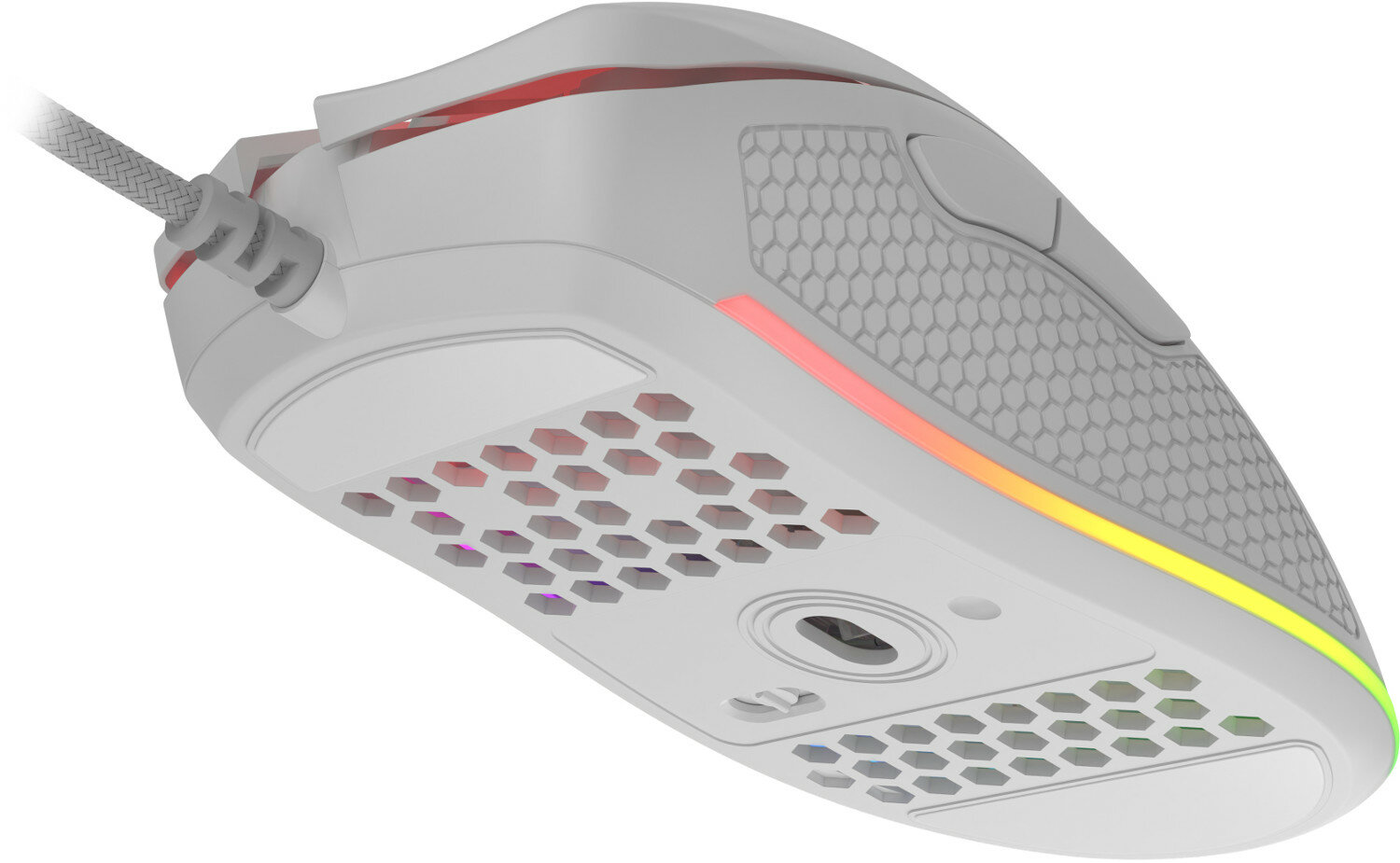 Biała mysz gamingowa z podświetleniem RGB. Posiada konstrukcję plastra miodu i pleciony kabel.