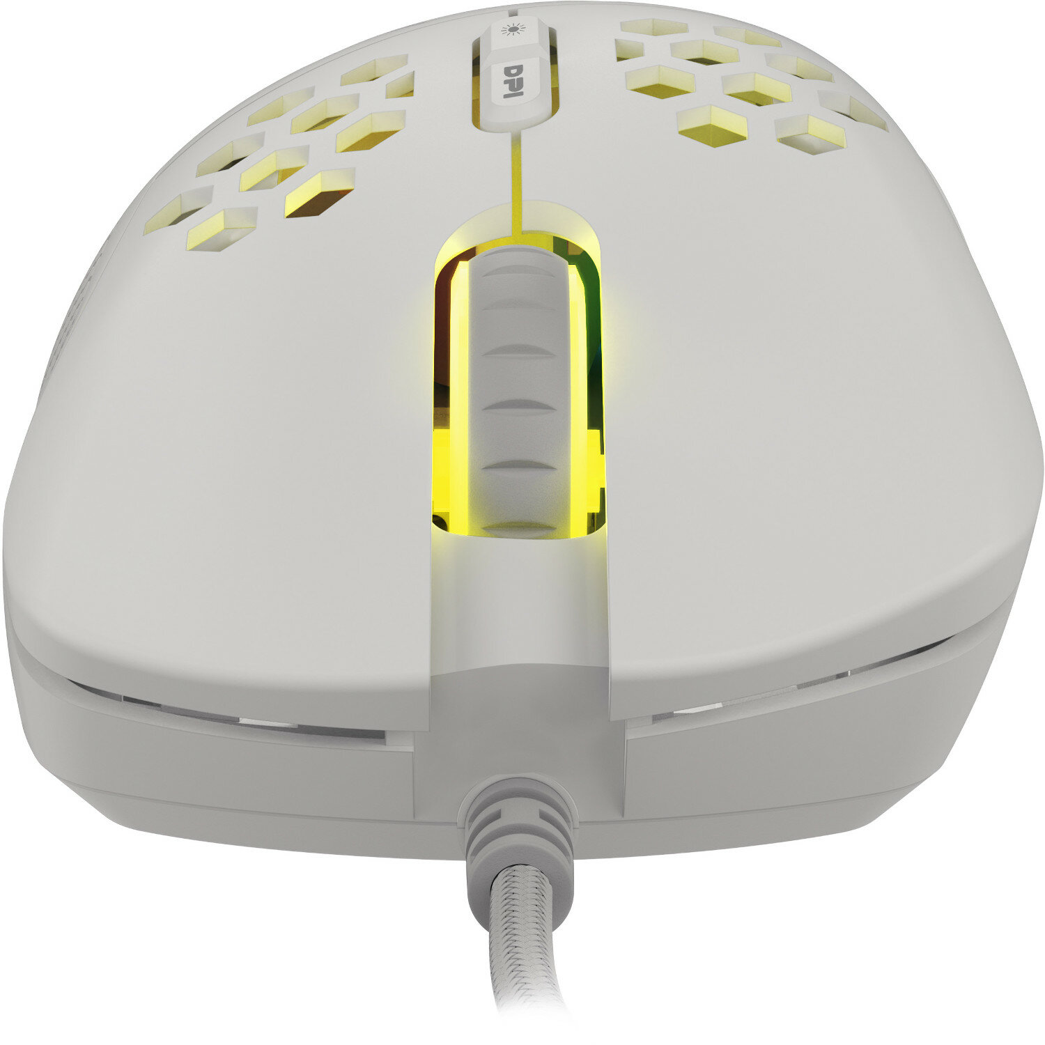 Widok z góry białej myszy do gier z żółtymi akcentami i plecionym kablem.