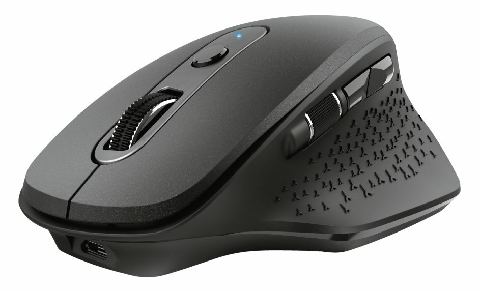 Czarna ergonomiczna mysz komputerowa. Zawiera kółko przewijania, przyciski i teksturowany obszar chwytu.