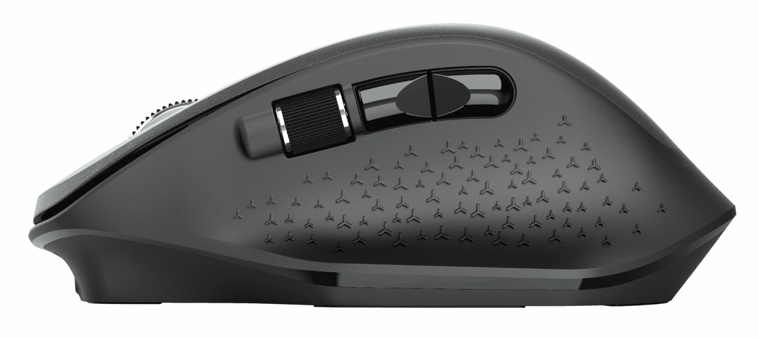 Czarna mysz bezprzewodowa. Funkcje: przyciski, kółko przewijania i kontrola DPI.