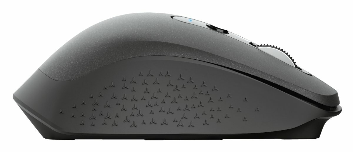 Ciemnoszara mysz widziana z boku. Ma teksturowaną powierzchnię i kółko przewijania.